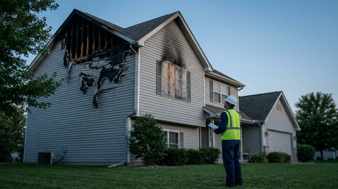 Crew member examining fire damage Maryland